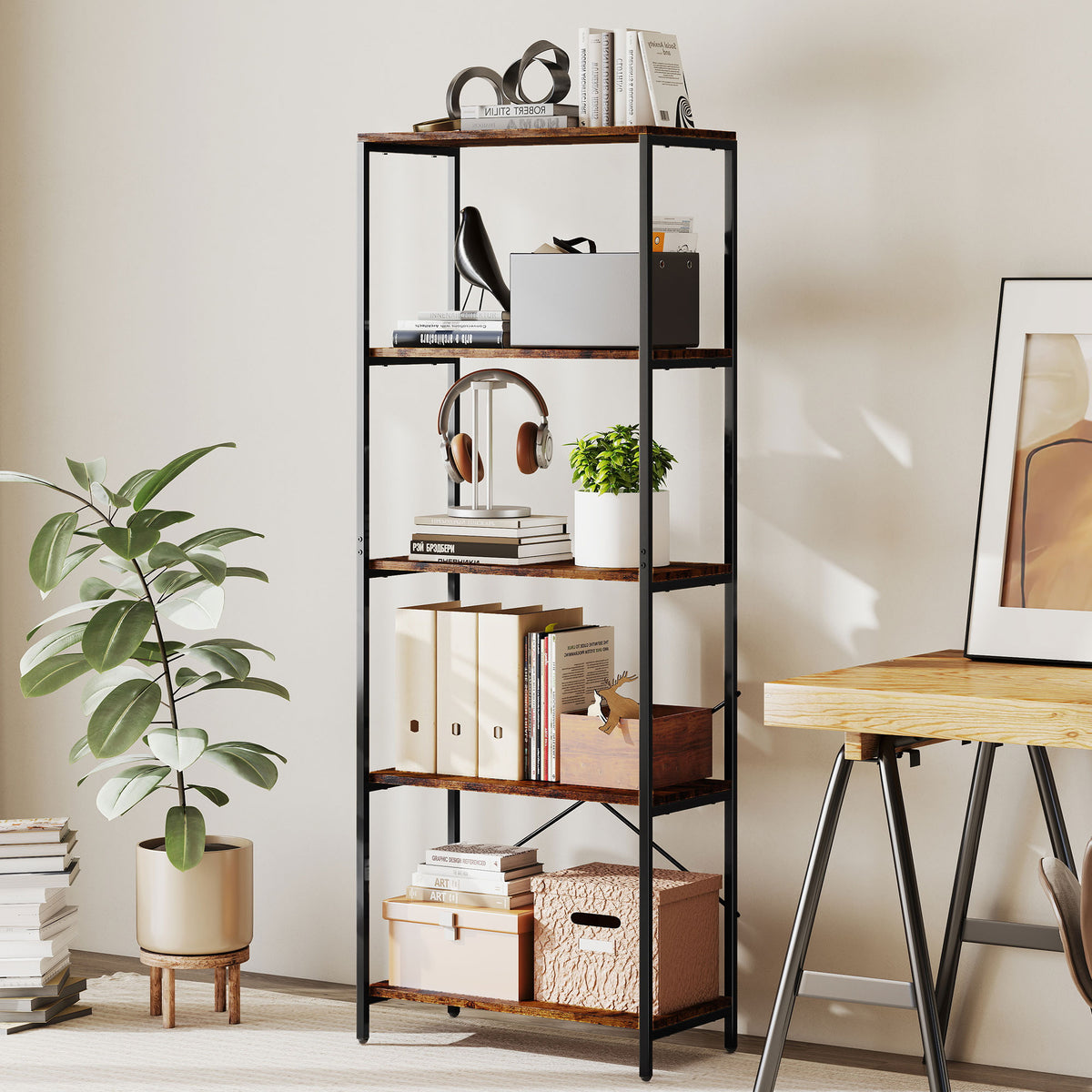 HOMCOM 5-Tier Bookshelf, Industrial Bookcase with Metal Frame - Rustic Brown and Black