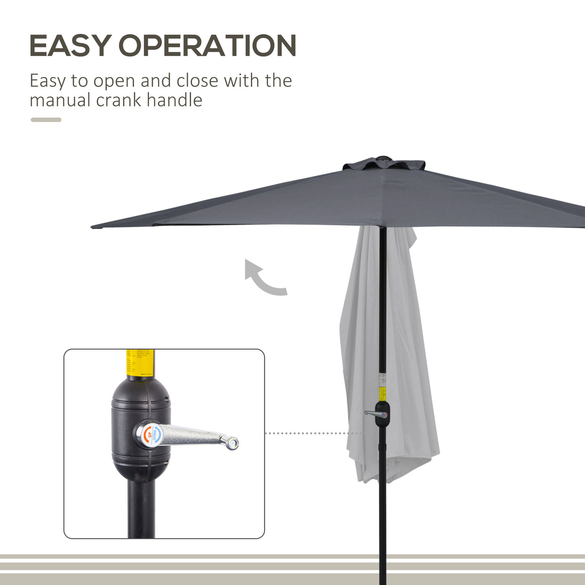 Gray half umbrella with manual crank handle shown opening and closing