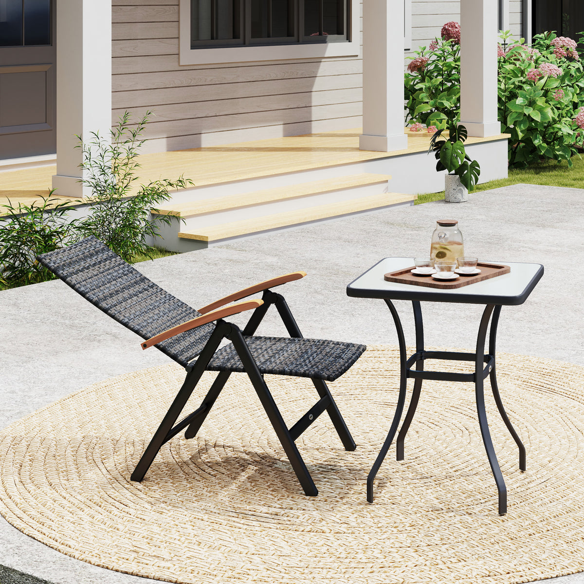 Outsunny Folding Rattan Garden Dining Chair with 5-level Reclining High Back, Wood Armrests for Outdoor, Patio - Mixed-grey