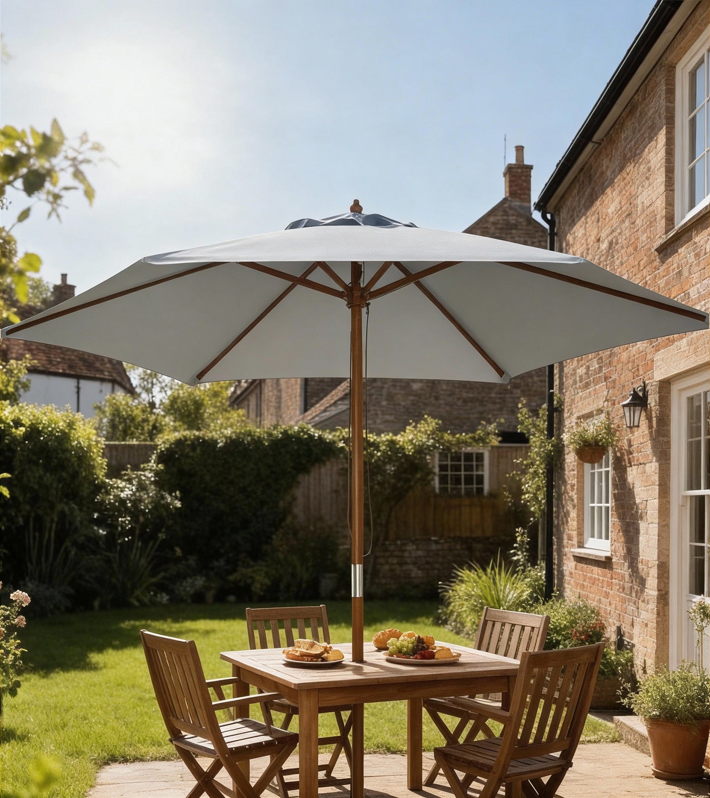 Outsunny 2.5m Wood Garden Parasol Sun Shade Patio Outdoor Wooden Umbrella Canopy, Table Market Umbrella with Vent, 38mm Pole, Rope Pulley Mechanism, Grey