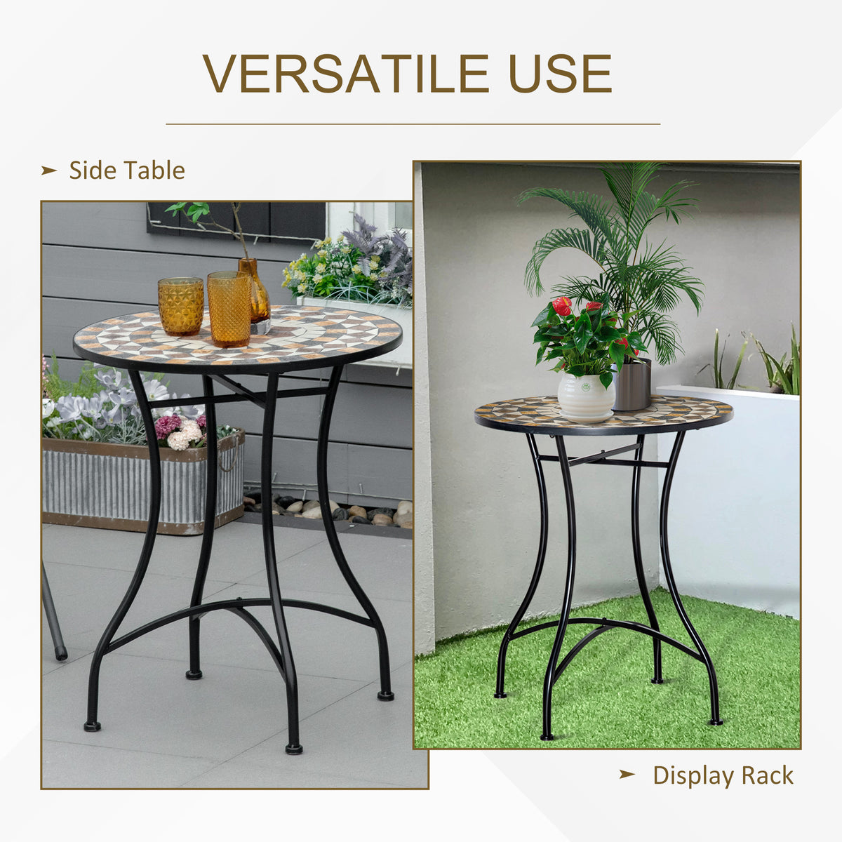 Outsunny round mosaic patio table shown as a side table and plant display stand