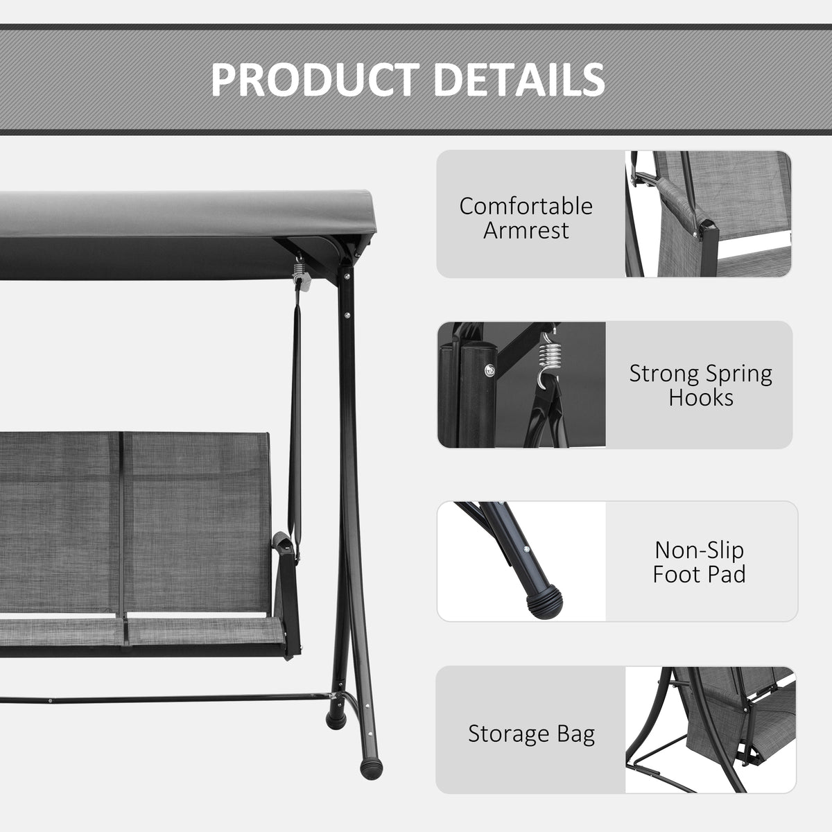 Outsunny swing details showing armrests, spring hooks, nonslip foot pads, and storage bag