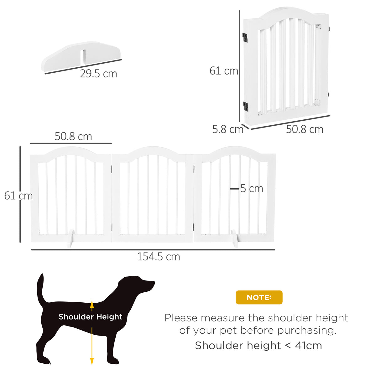 White wooden dog gate with measurements for its panels, height, and support feet.