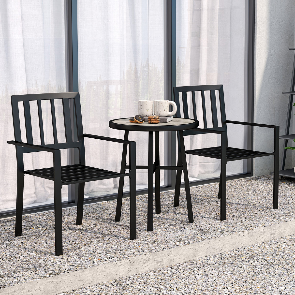Outsunny black patio bistro set with two chairs and round gray-top table