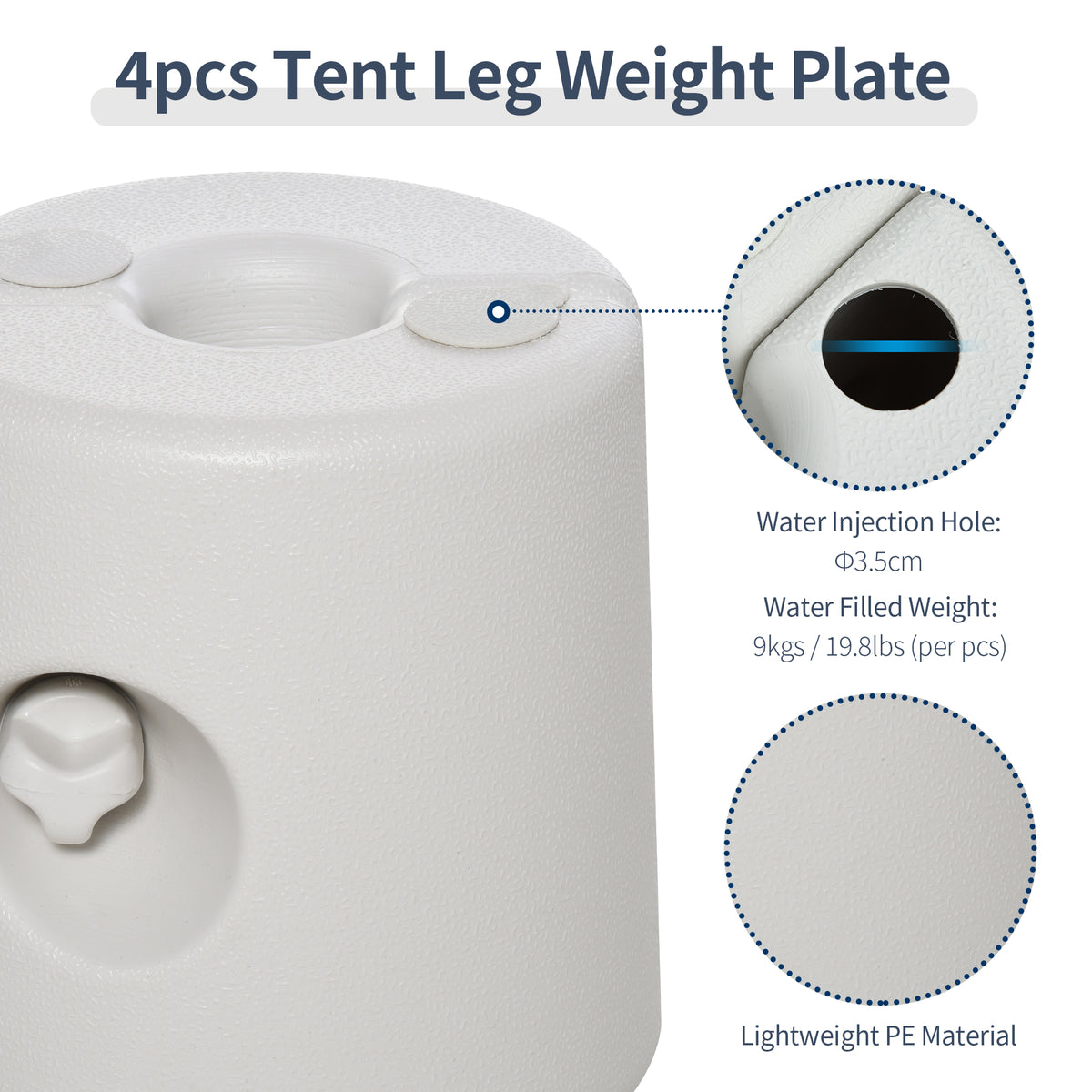 White gazebo leg weight with a top filling hole and recessed fastening knob