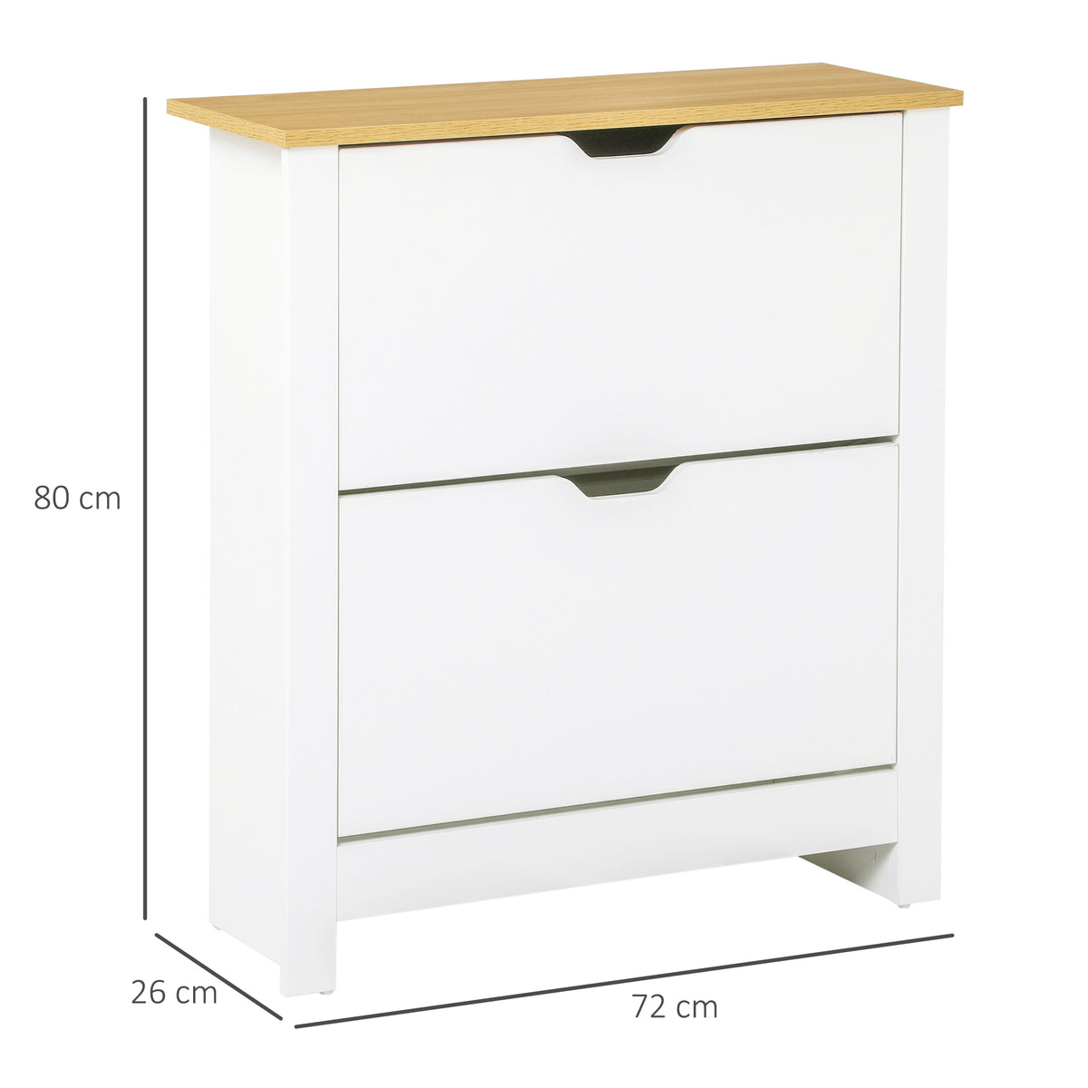 White shoe cabinet with two flip drawers, wood-look top, and dimensions of 80 by 72 by 26 cm