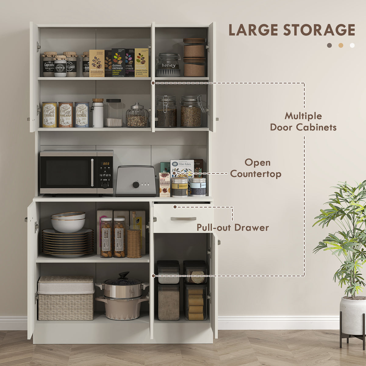 White pantry cabinet with open doors and shelves, countertop, drawer and storage compartments