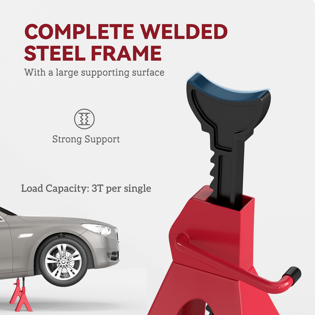 Red jack stand with welded steel frame, black saddle, and locking handle