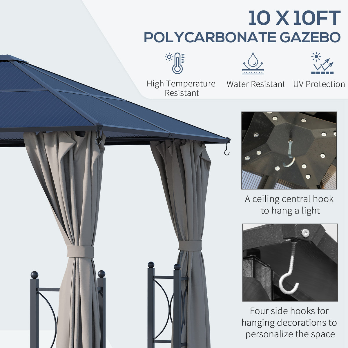 Polycarbonate hardtop gazebo with tied gray curtains and hooks beneath the roof
