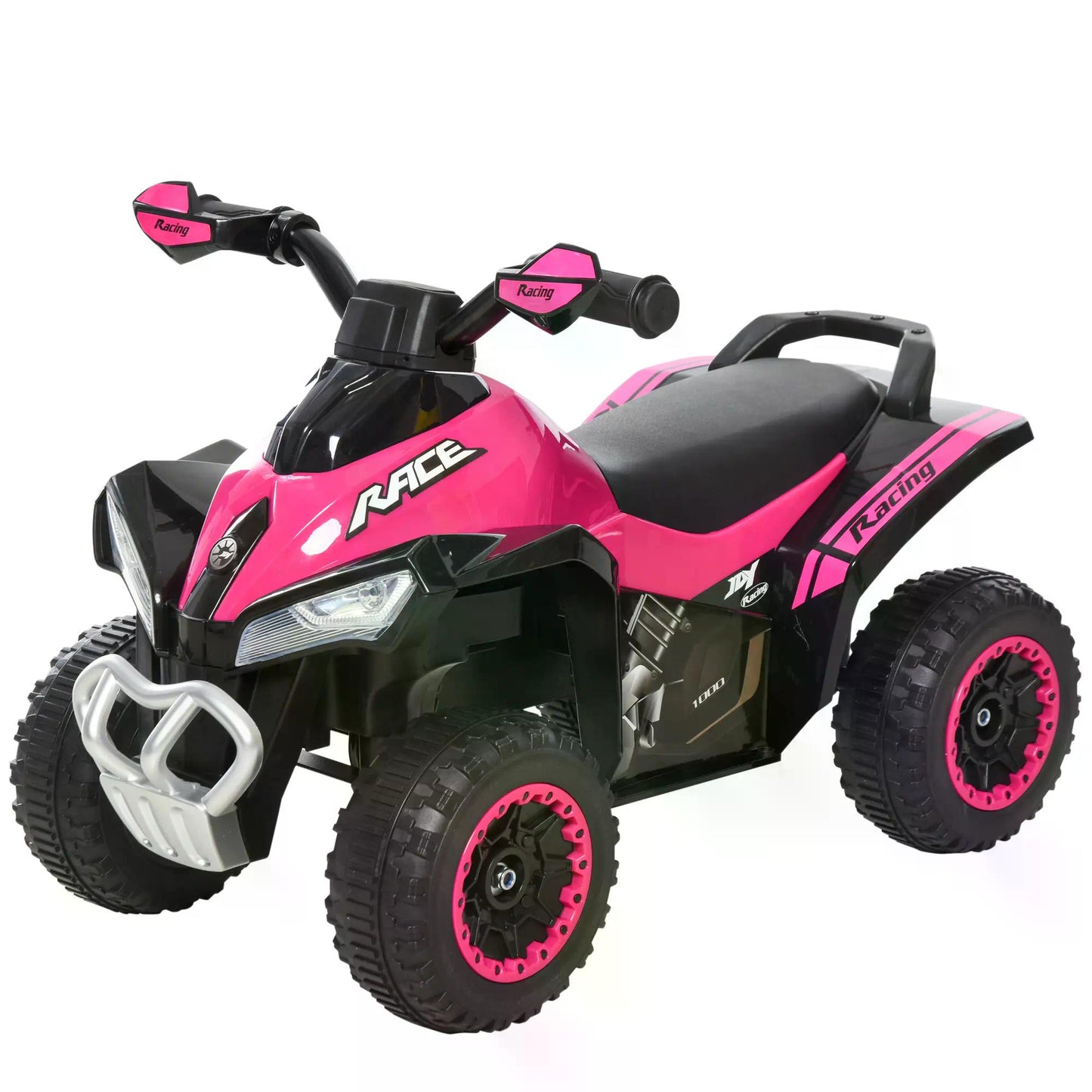 Pink and black four-wheel ride-on toy motorcycle with a seat, handlebars, and chunky tires