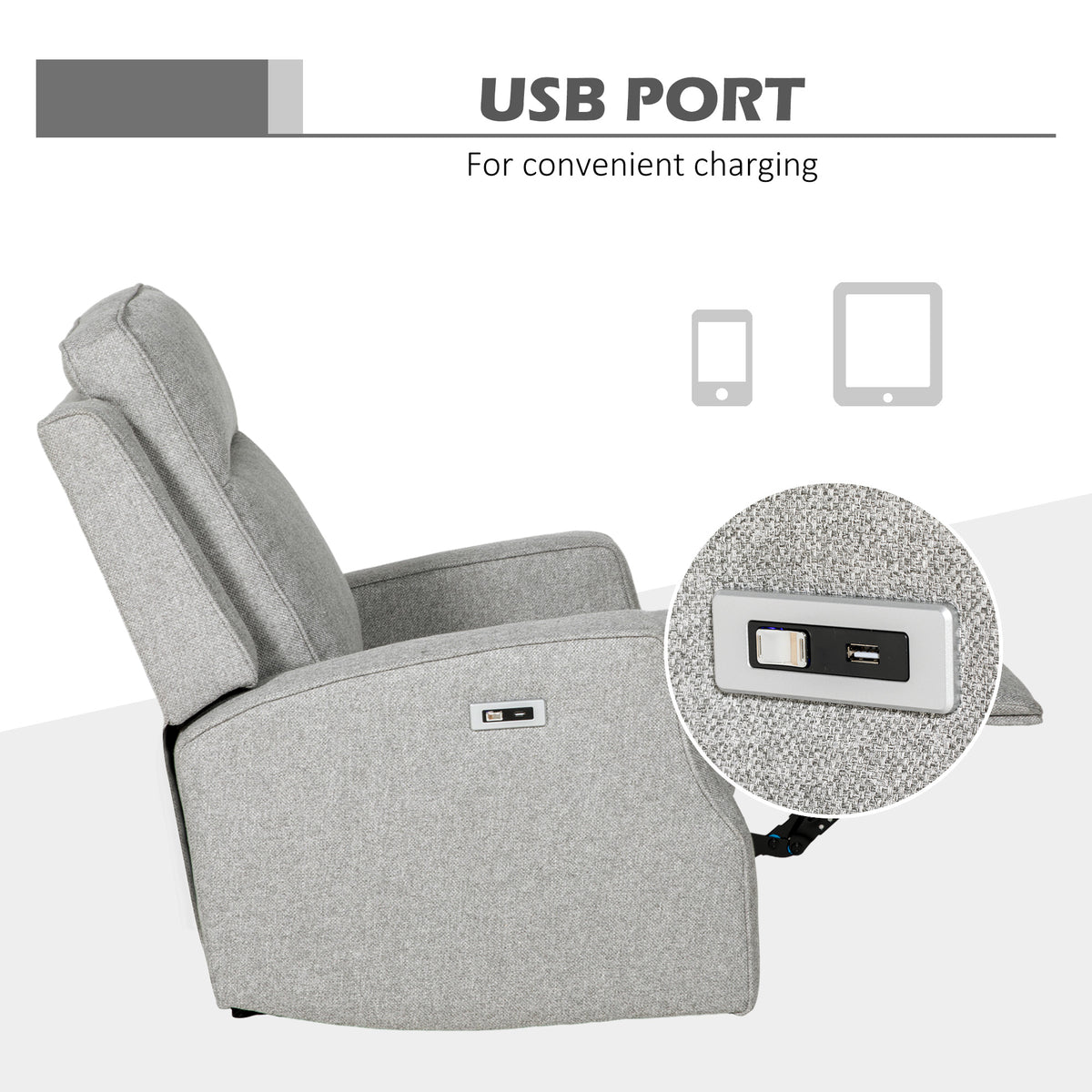 Side view of grey reclining chair with USB port on the arm