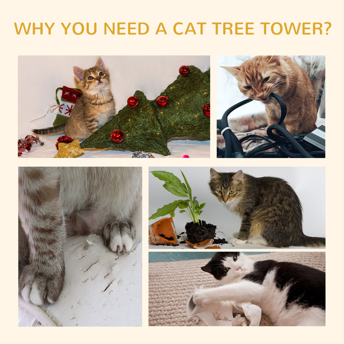 PawHut Floor to Ceiling Cat Tree 230-260cm Height Adjustable, 5-Tier Cat Tower with Scratching Posts, Hammock, Perches, Climbing Activity Centre for Indoor Kittens Playing and Relaxing, Beige