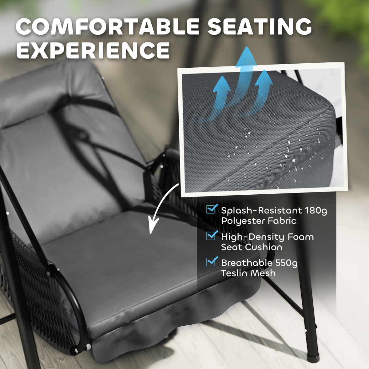 Swing chair's dark cushioned seat with foam padding and mesh upholstery