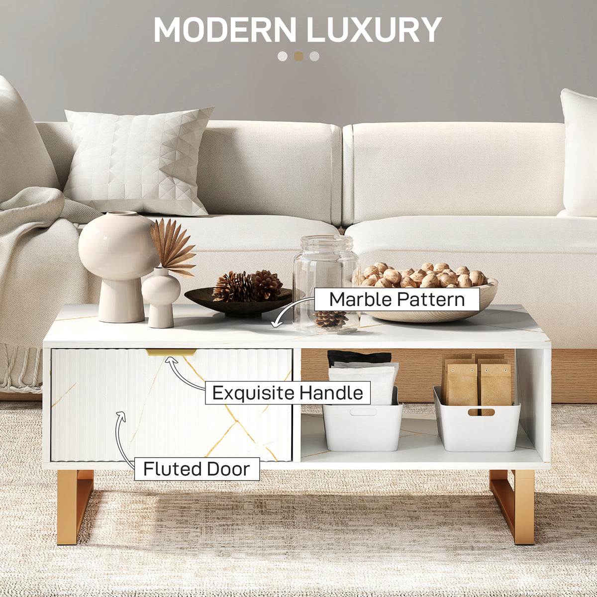 HOMCOM coffee table with gold veining, fluted drawer, open shelf, and gold-tone legs
