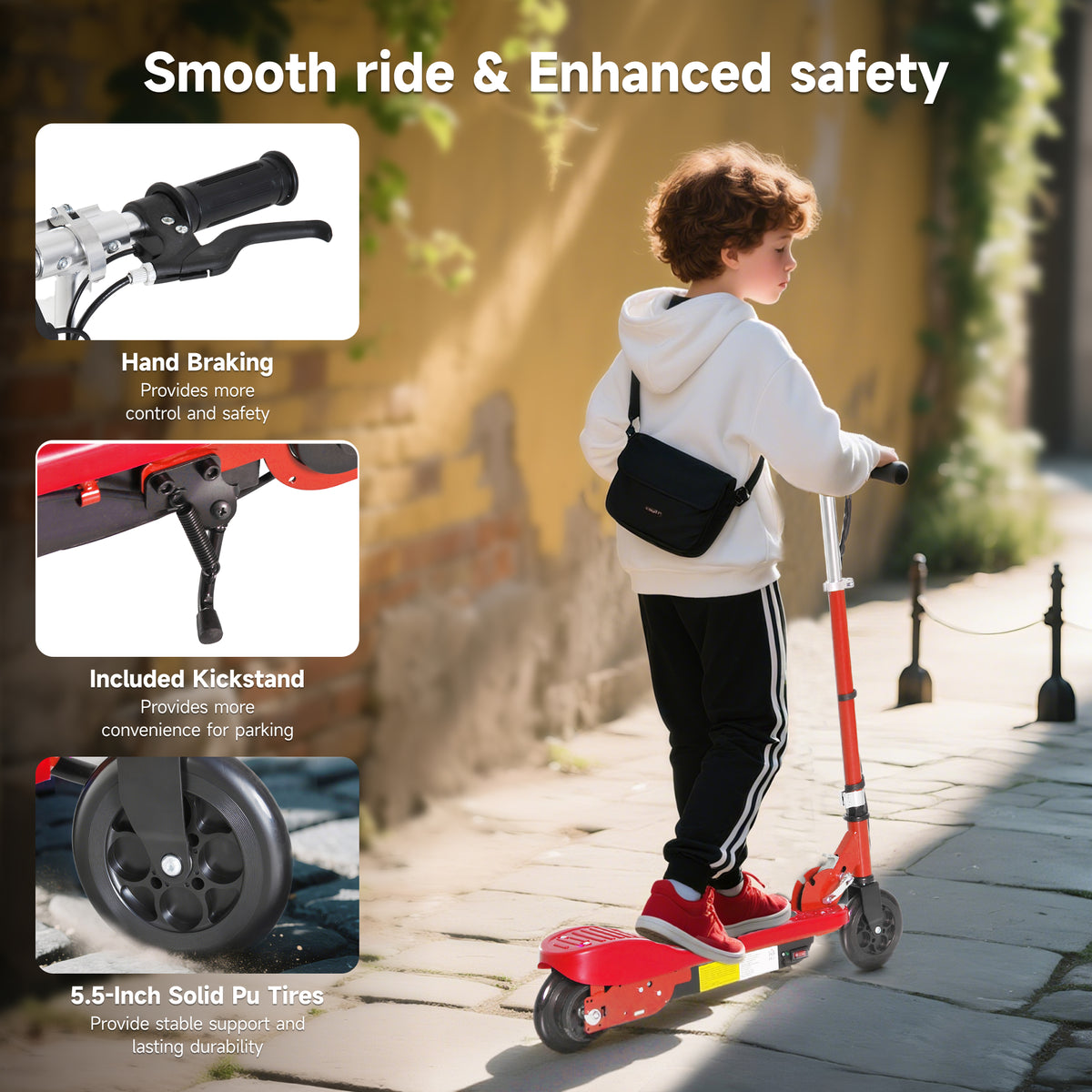Child riding a red HOMCOM electric scooter with solid tires, hand brake, and kickstand