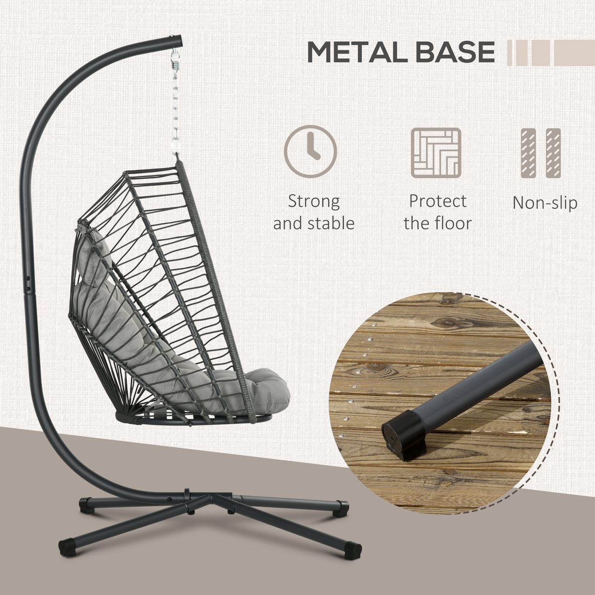 Outsunny egg swing chair side view showing woven basket, hanging chain, and metal stand feet