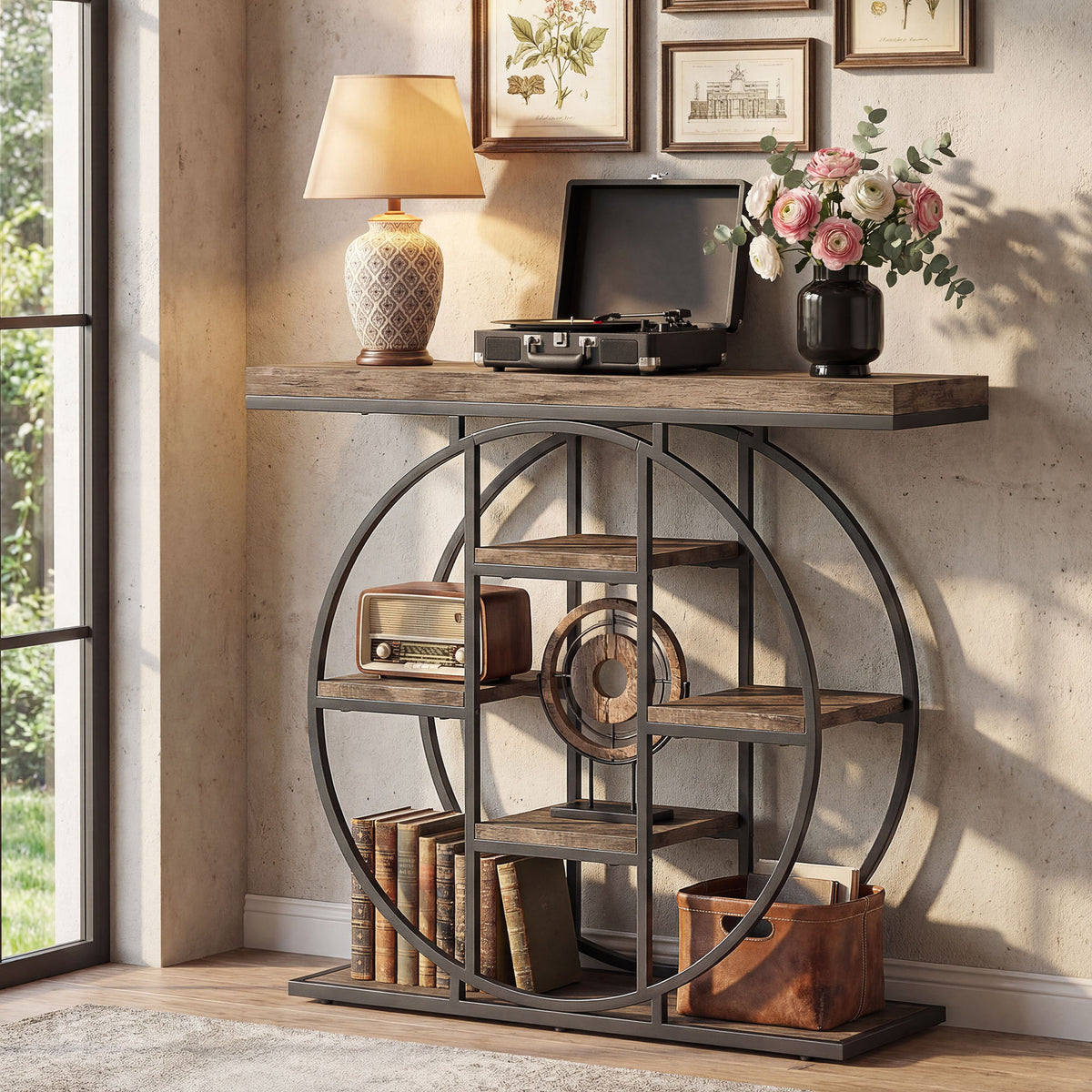 HOMCOM Industrial Console Table with Storage Shelves - Rustic Brown