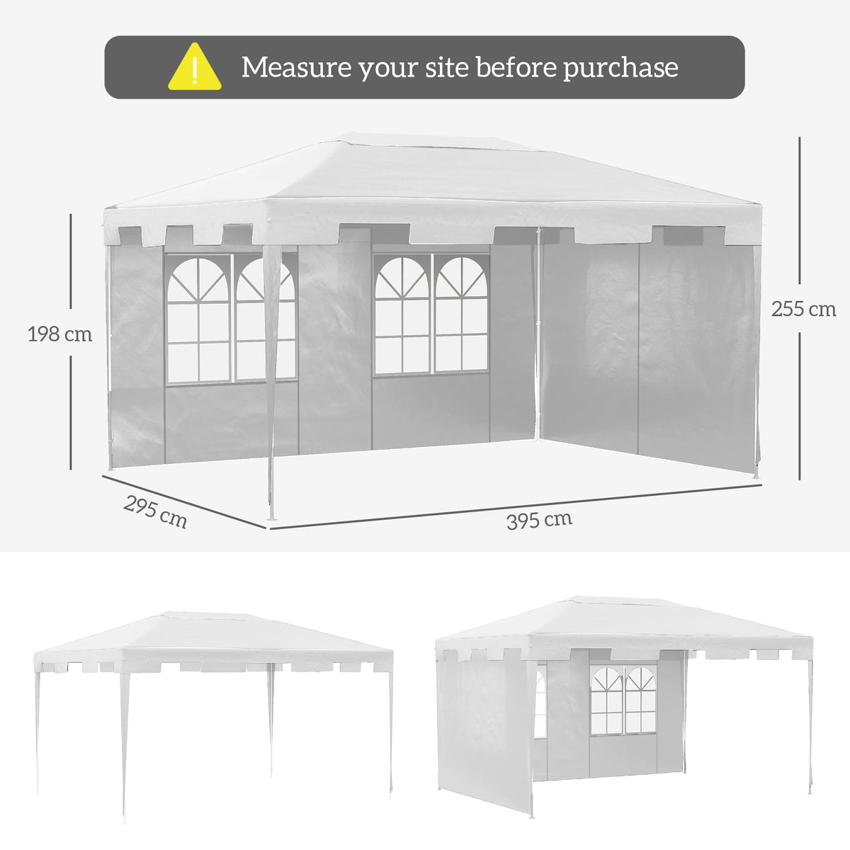 White garden gazebo with sidewalls, shown with dimensions of 395 by 295 cm
