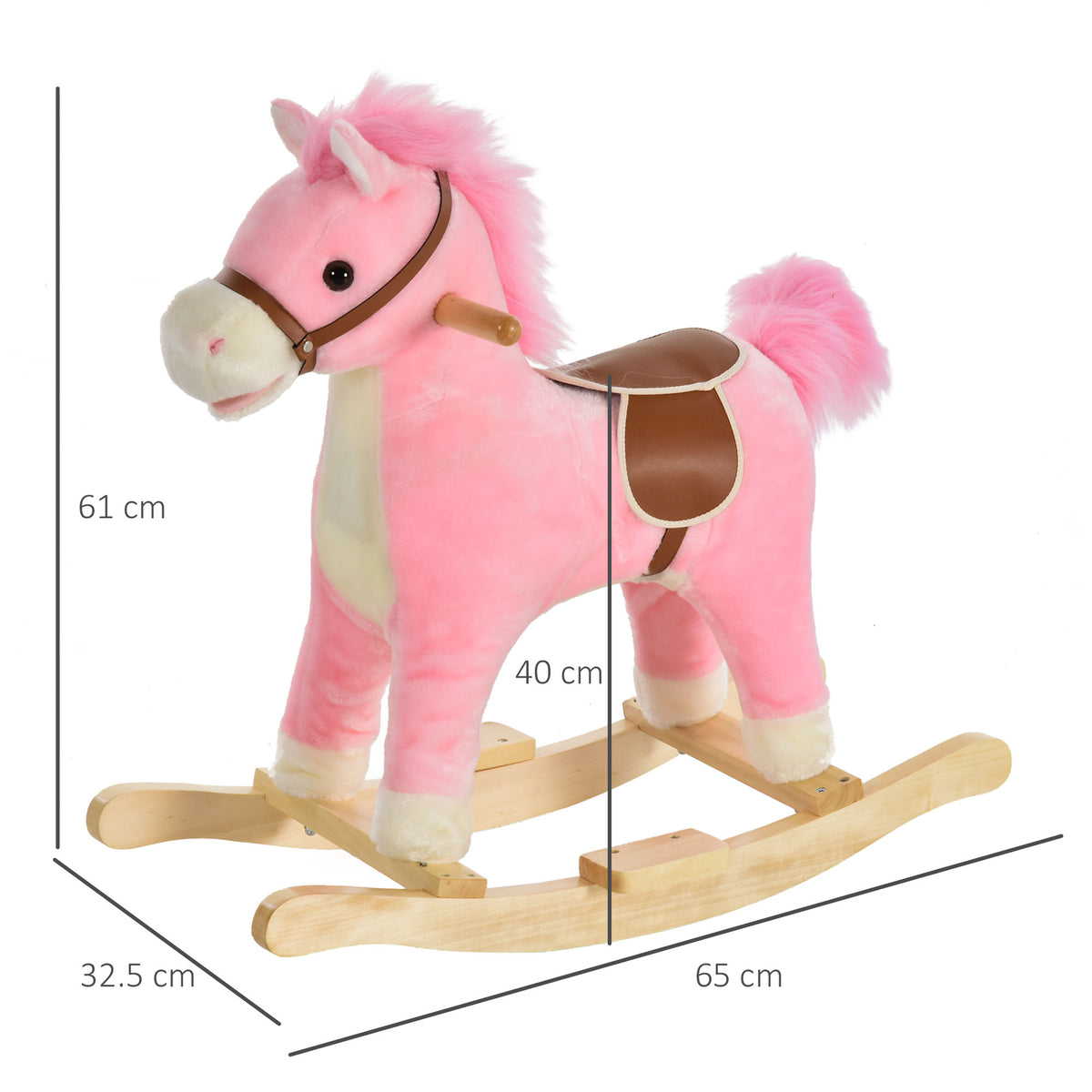 Pink plush rocking horse with wooden base, shown with dimensions of 65 by 32.5 by 61 cm.