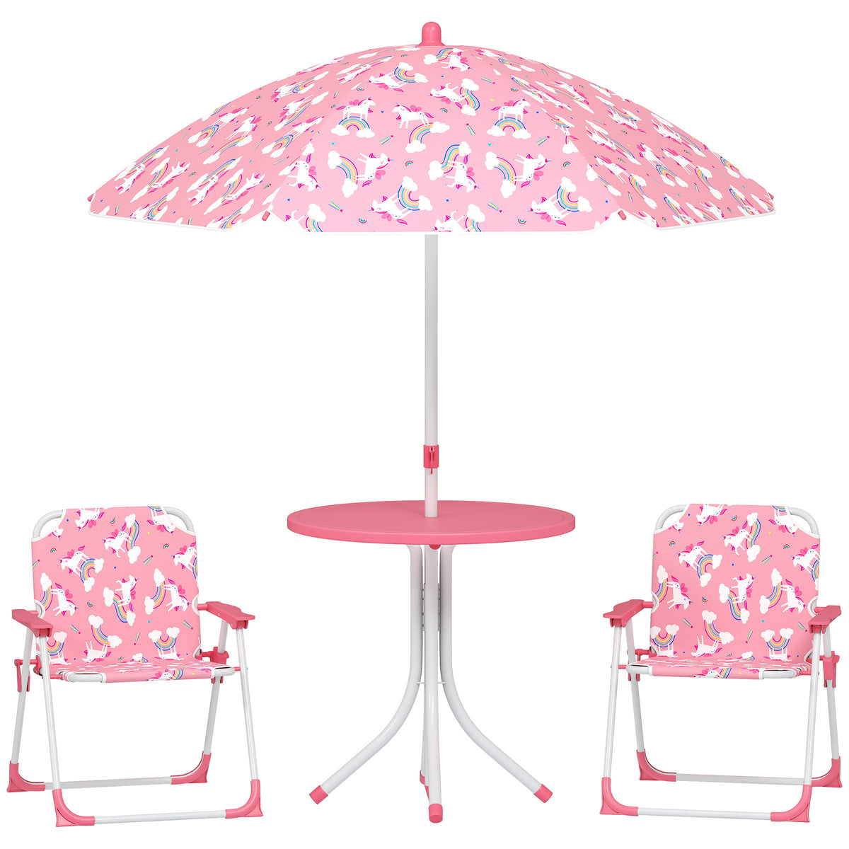 Photo of AIYAPLAY Kids Patio Table and Chair Set, Kids Garden Furniture with Umbrella, 4-Piece Bistro Set for Garden, Pink in Pink colour on a white background