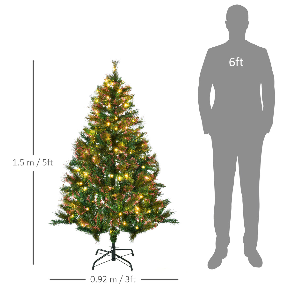 5-foot pre-lit spruce tree shown beside a person silhouette for scale