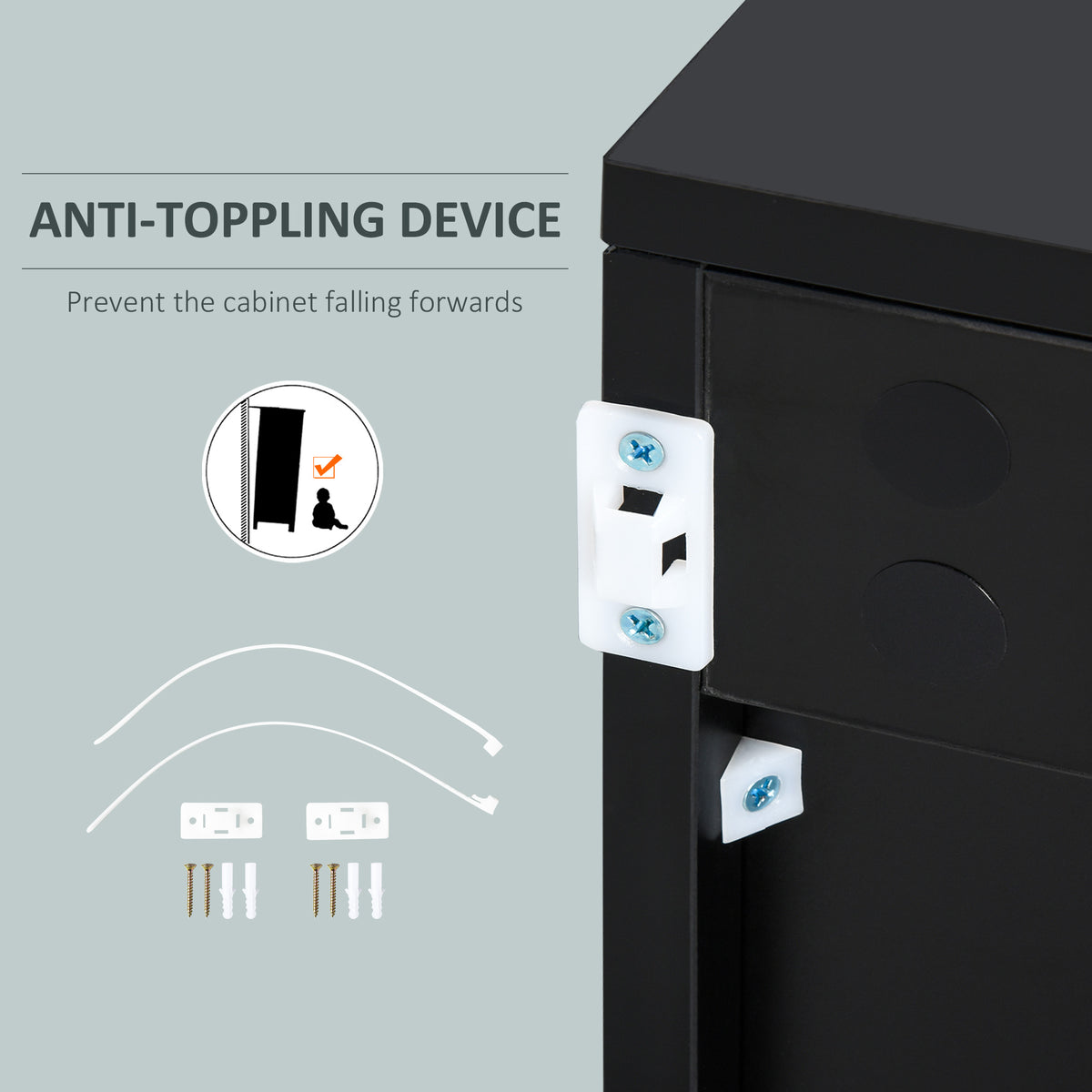 Sideboard anti-tip wall attachment with mounting plates and screws.