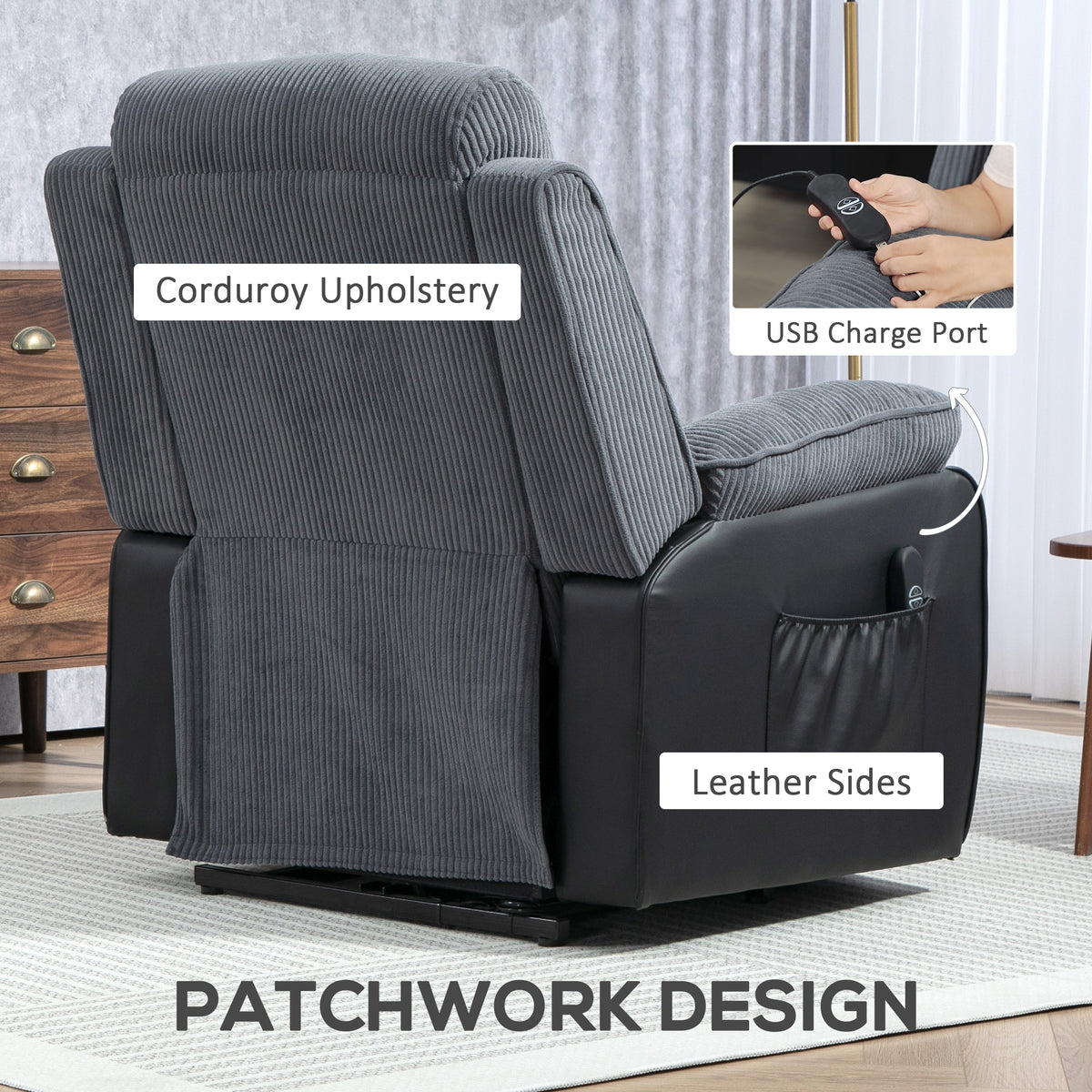 Back view of dark grey corduroy lift chair with leather-look sides, pocket and USB port