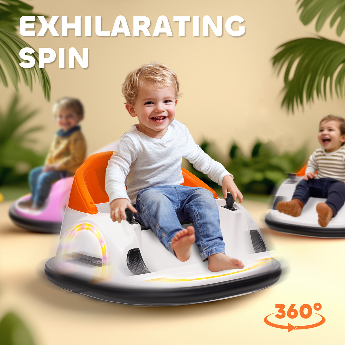 AIYAPLAY 360° Rotation Kids Bumper Car, 12V Waltzer Car with Remote Control, Dual Joysticks, Music Lights, Orange