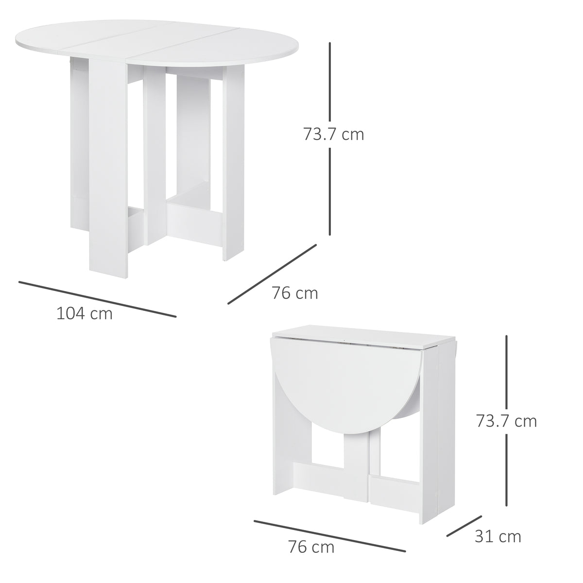 HOMCOM white drop-leaf table shown open and folded, with dimensions