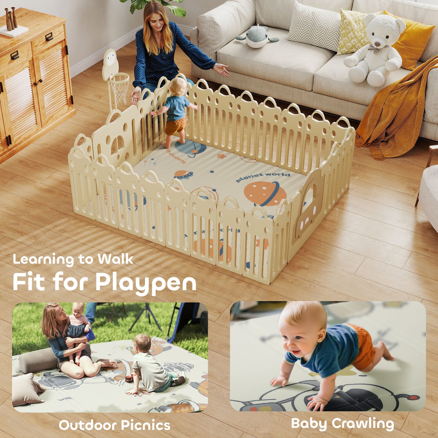 AIYAPLAY Space-Themed Baby Plat Mat Double Sided, Foldable, Water-Resistant for Outdoor/Indoor, 177 x 146 x 1.5cm