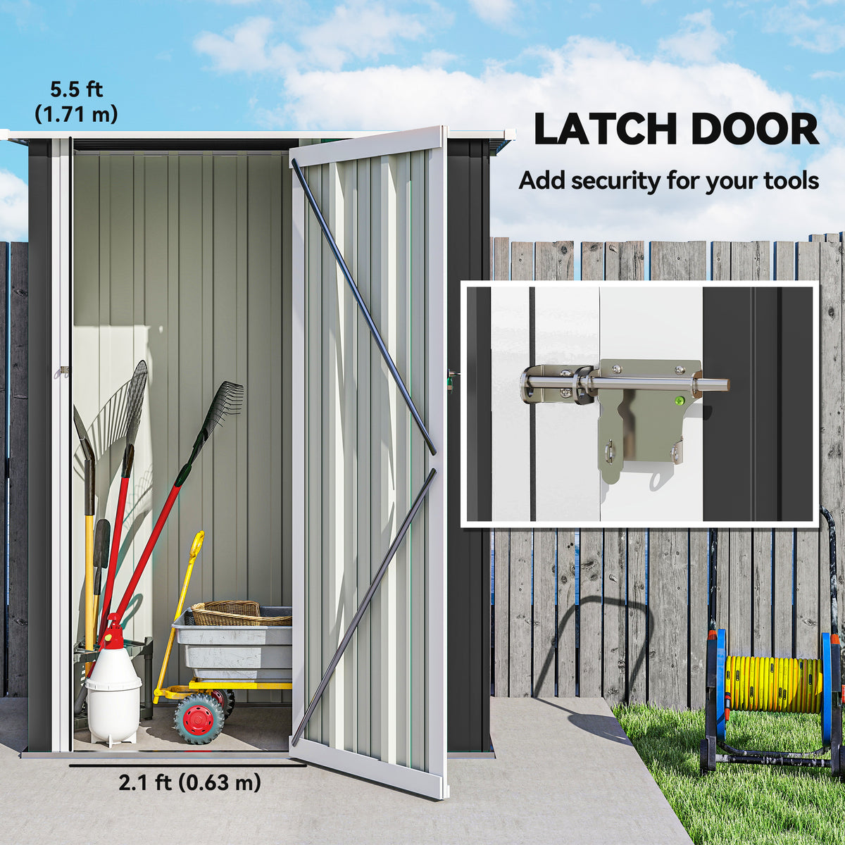 Outsunny metal garden shed with open latch door and close-up of the door lock