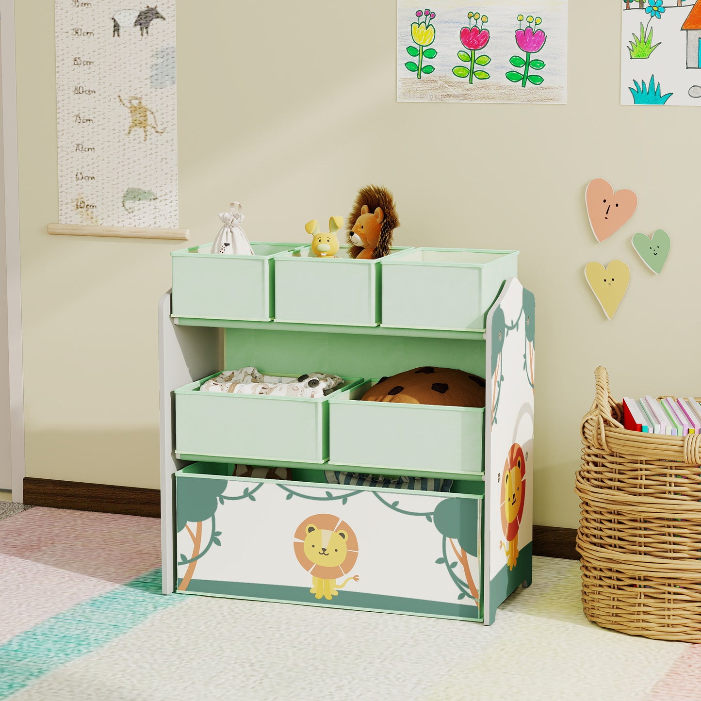 AIYAPLAY Kids Toy Storage Units, 3-Tier Toy Organiser Shelf with 6 Removable Boxes for Kids, Bedroom, Playroom, Green