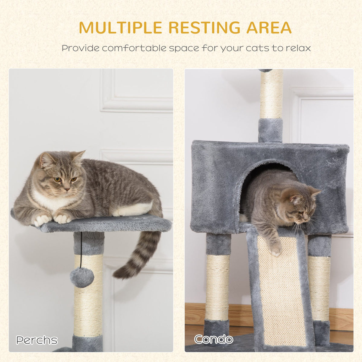 Grey cat tree showing its top perch, enclosed condo and ramp as resting areas for cats