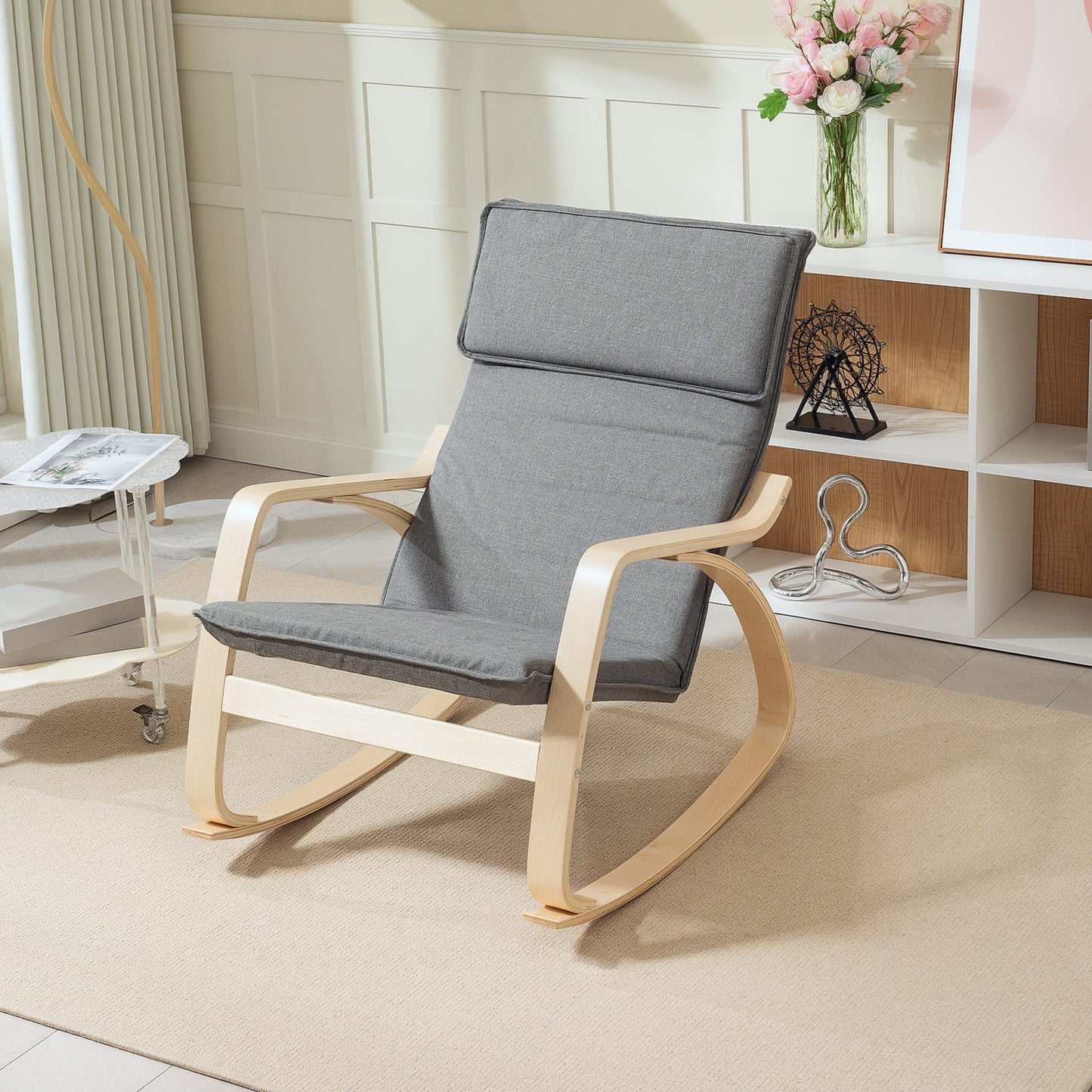 HOMCOM Comfortable Relax Rocking Chair, Upholstered Lounge Chair Recliner with High Back and Headrest for Living Room, Bedroom, Grey