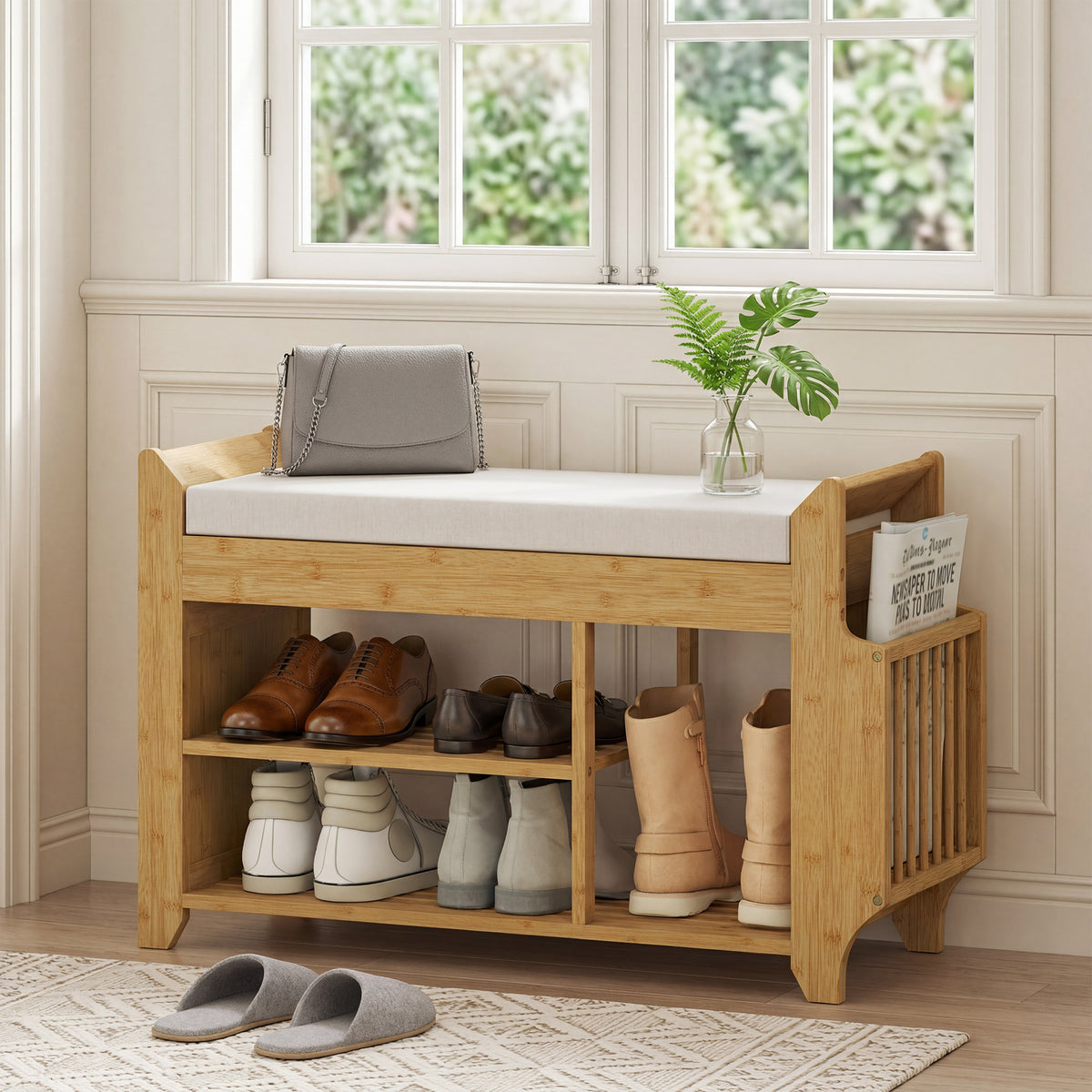 HOMCOM Shoe Bench 2-Tier Boot Section Entryway Storage Bench Cushioned Seat 100 x 30 x 50 cm Natural and Cream