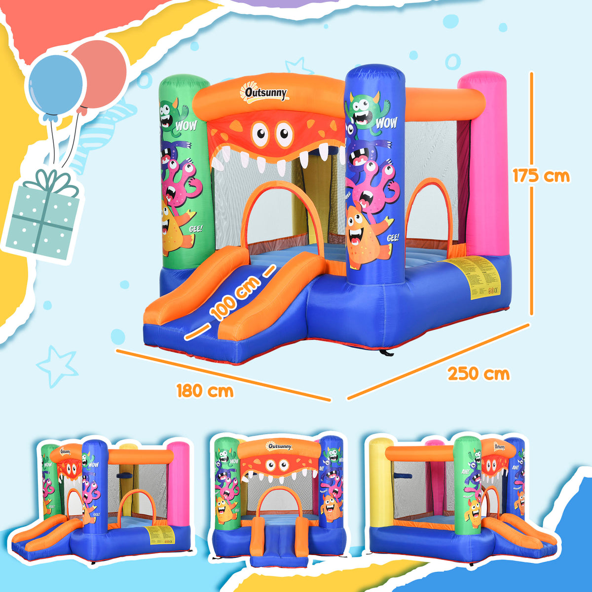 Blue and orange inflatable monster-themed bounce house with twin slides and basketball hoop