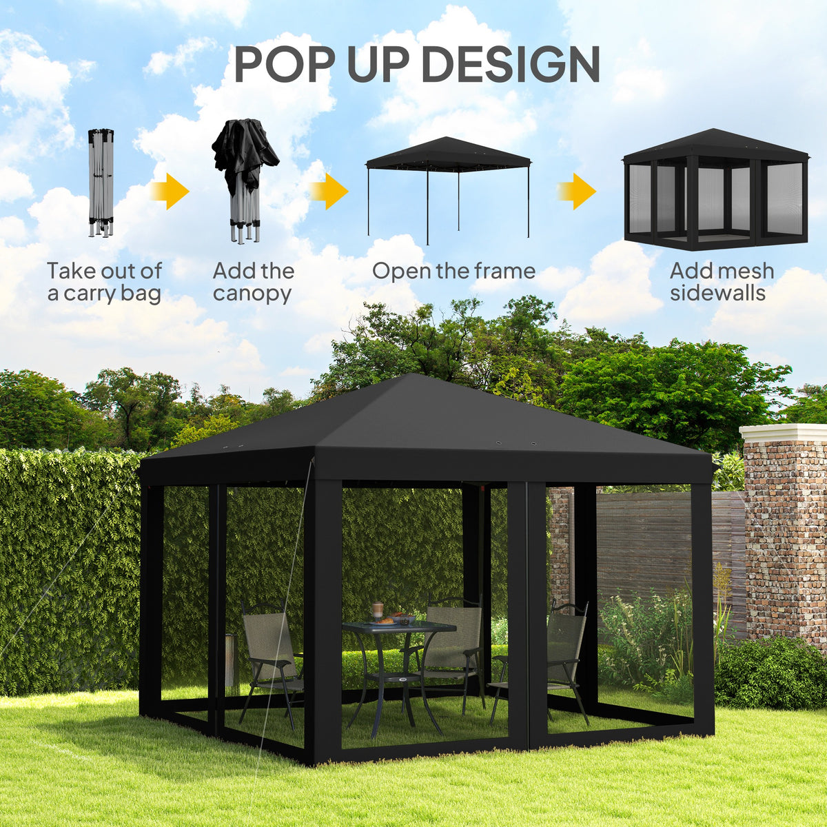 Outsunny black pop-up gazebo shown assembled with mesh sidewalls