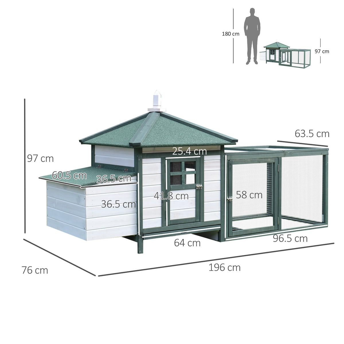 PawHut chicken coop and run with dimensions marked