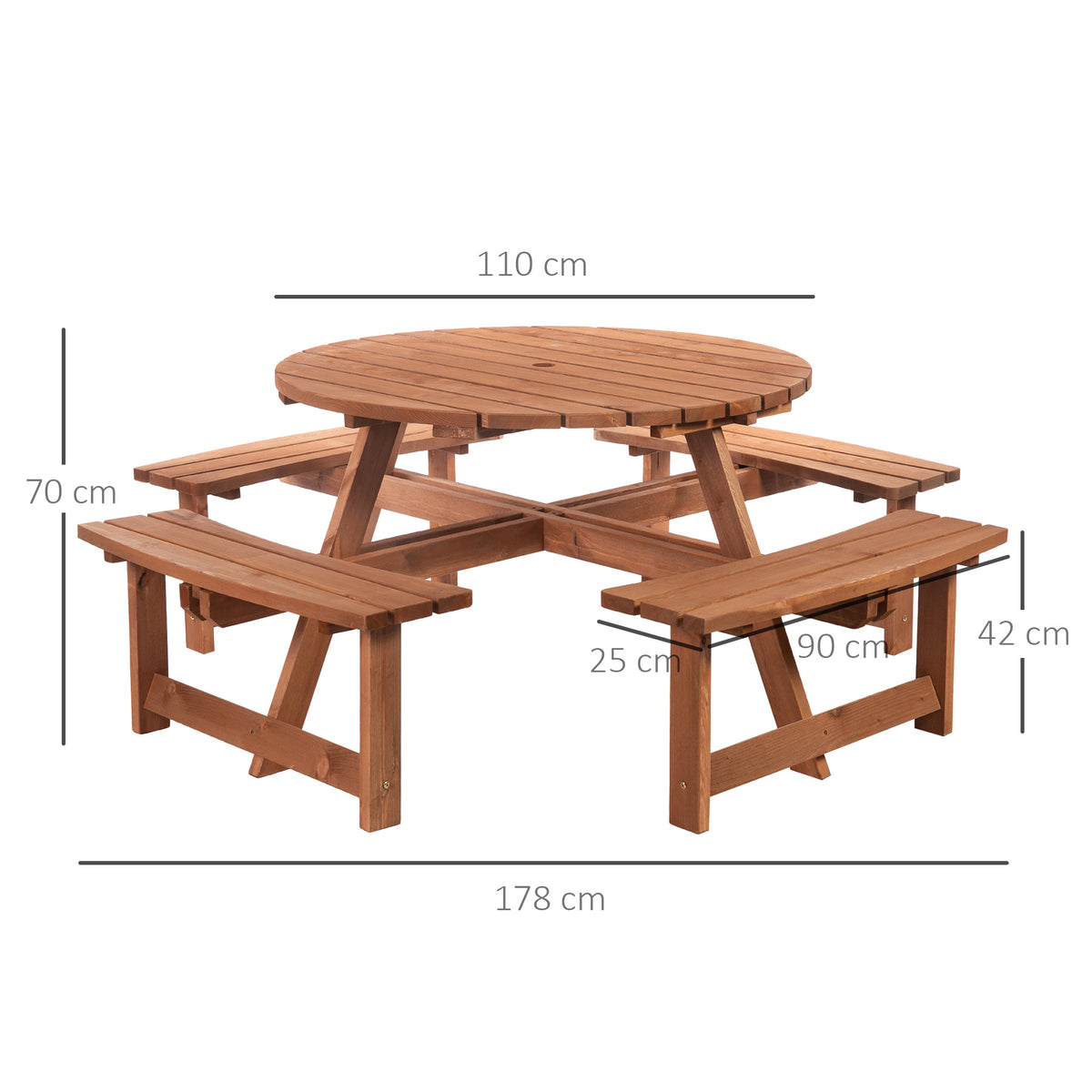 Outsunny wooden picnic set with dimensions: 178 cm wide, 110 cm table, 70 cm high