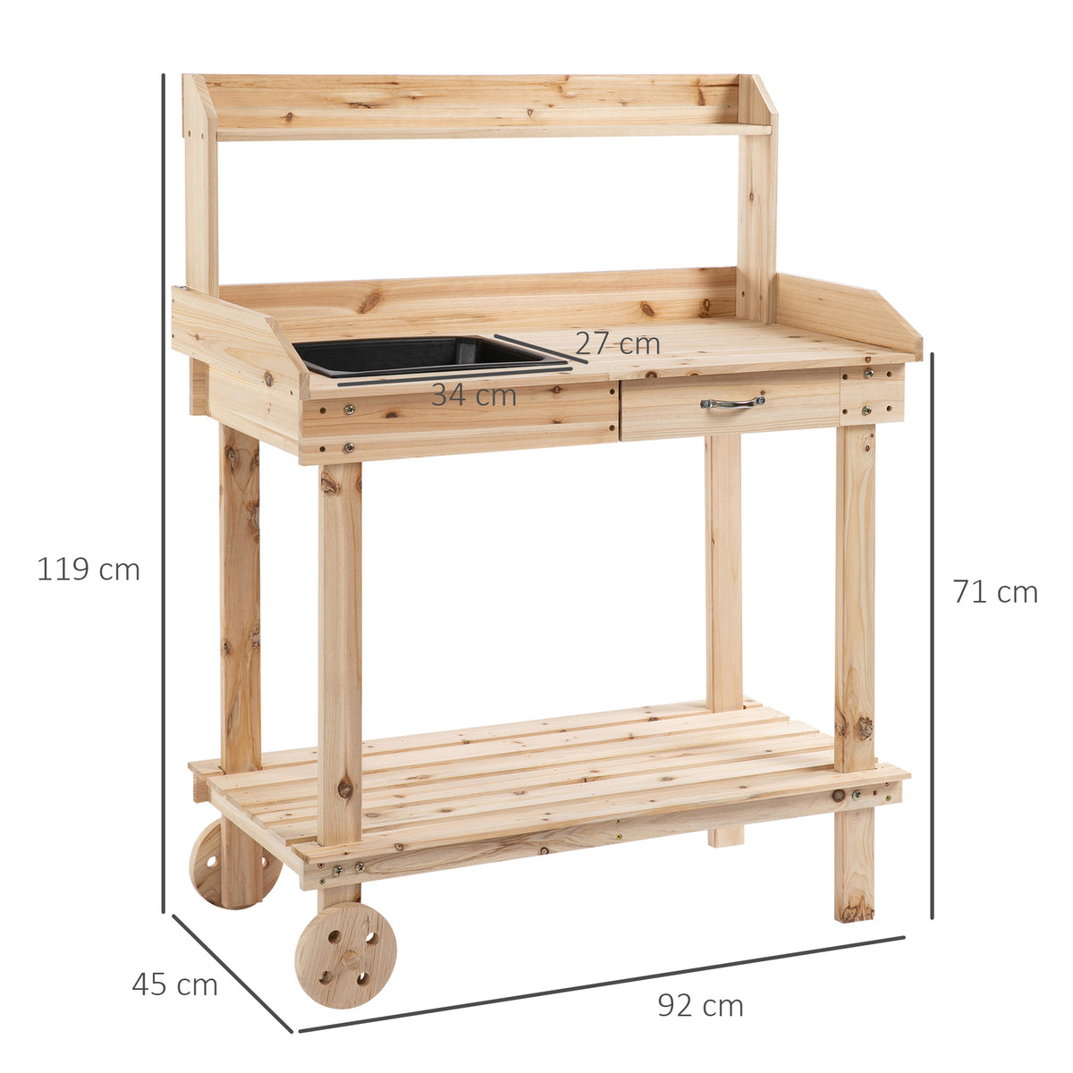 Outsunny wooden potting bench with sink, drawer, two wheels, and dimensions of 92 x 45 x 119 cm