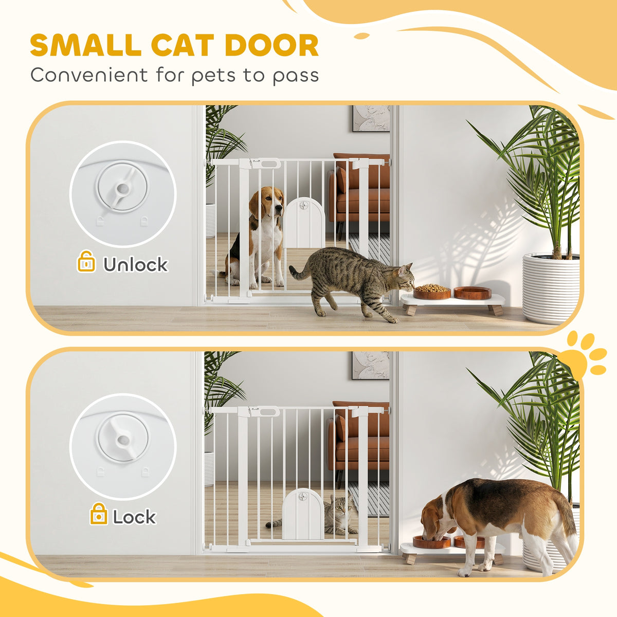 PawHut white pet gate with cat flap and a lockable flap mechanism
