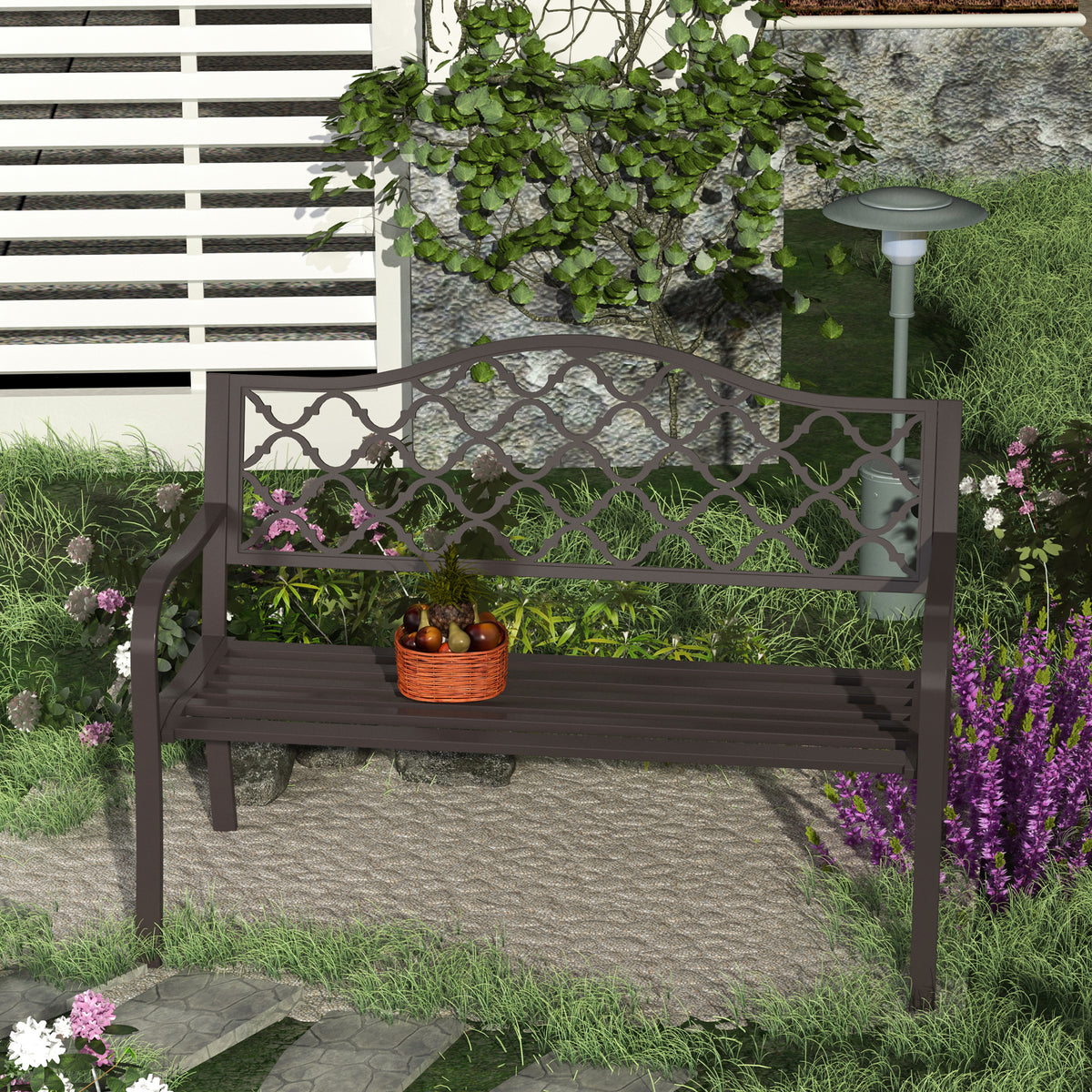 Brown outdoor bench with curved arms and decorative lattice back in a garden setting