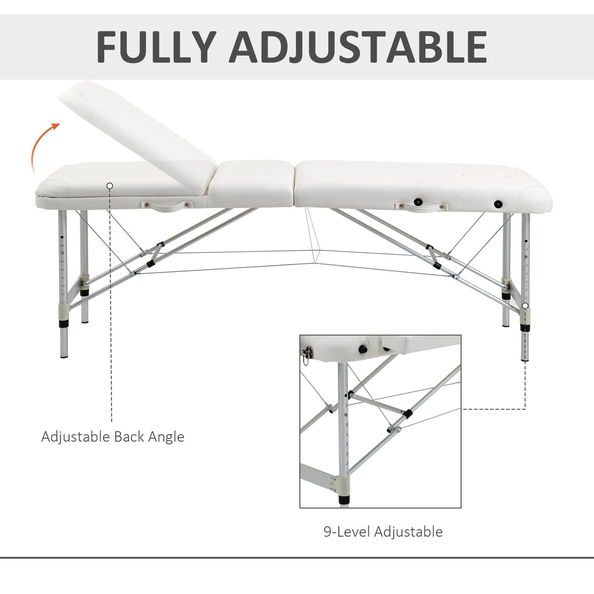 White adjustable massage table with raised backrest and height-adjustable legs