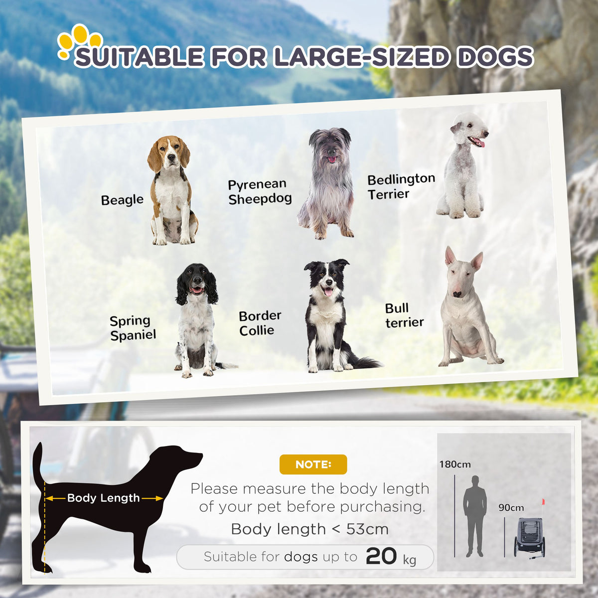 PawHut dog bike trailer size guide showing dog breeds and a body length limit of 53 cm