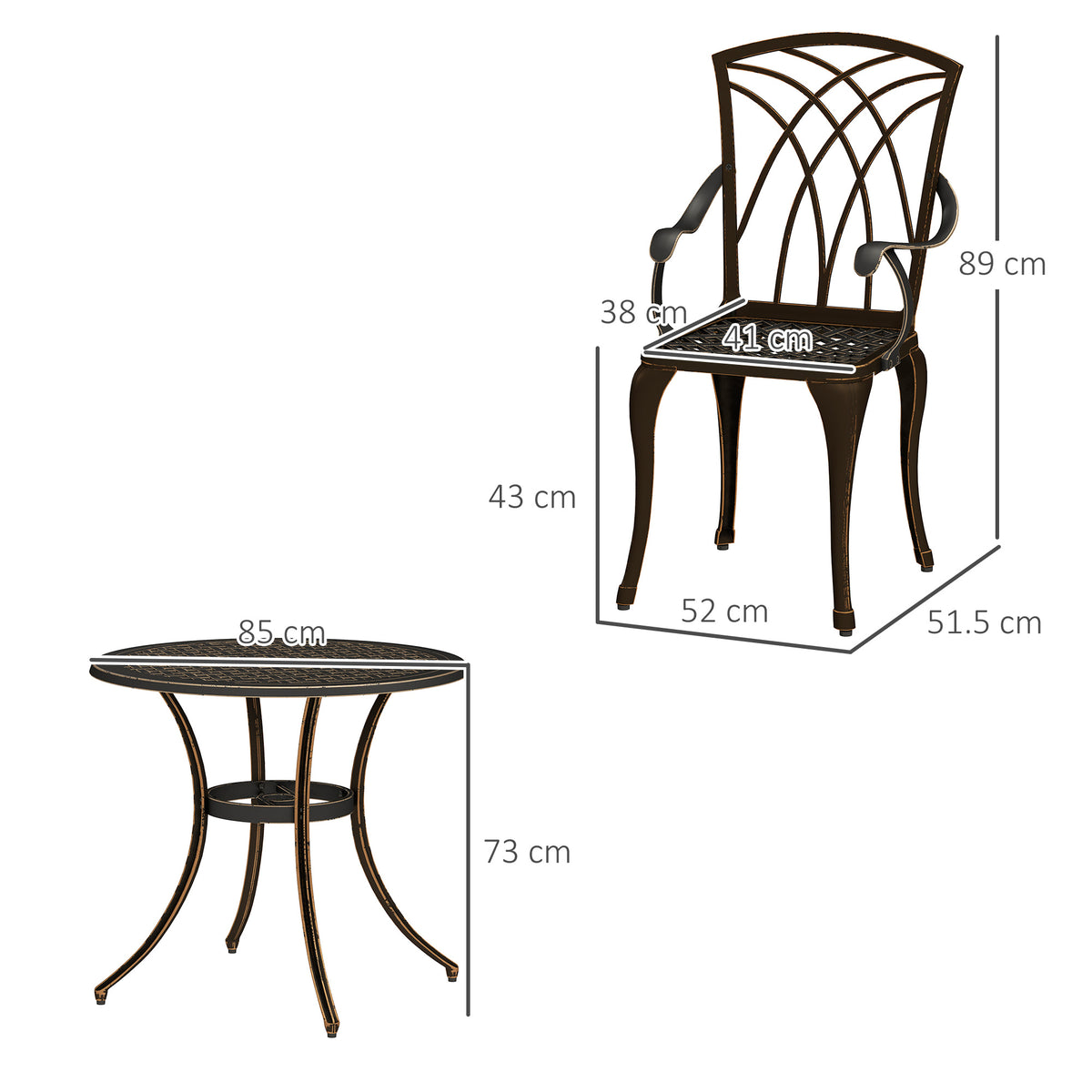 Outsunny garden table and armchair with dimensions; round table is 85 cm wide