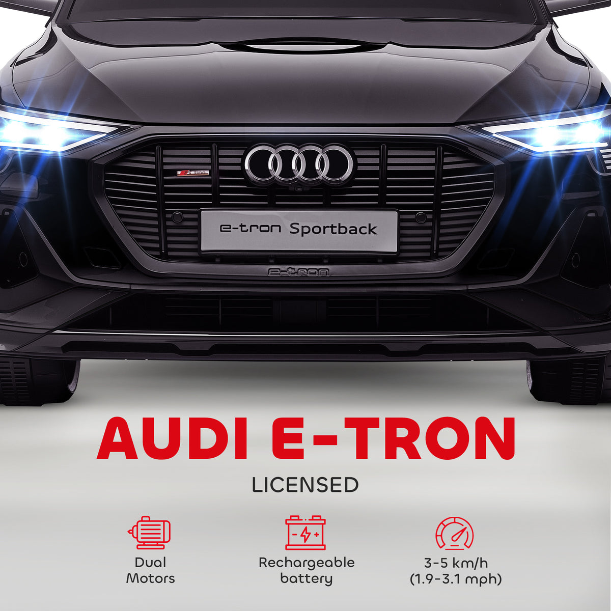 Audi e-tron kids' ride-on car front grille and headlights; dual motors, rechargeable battery, 3–5 km/h.