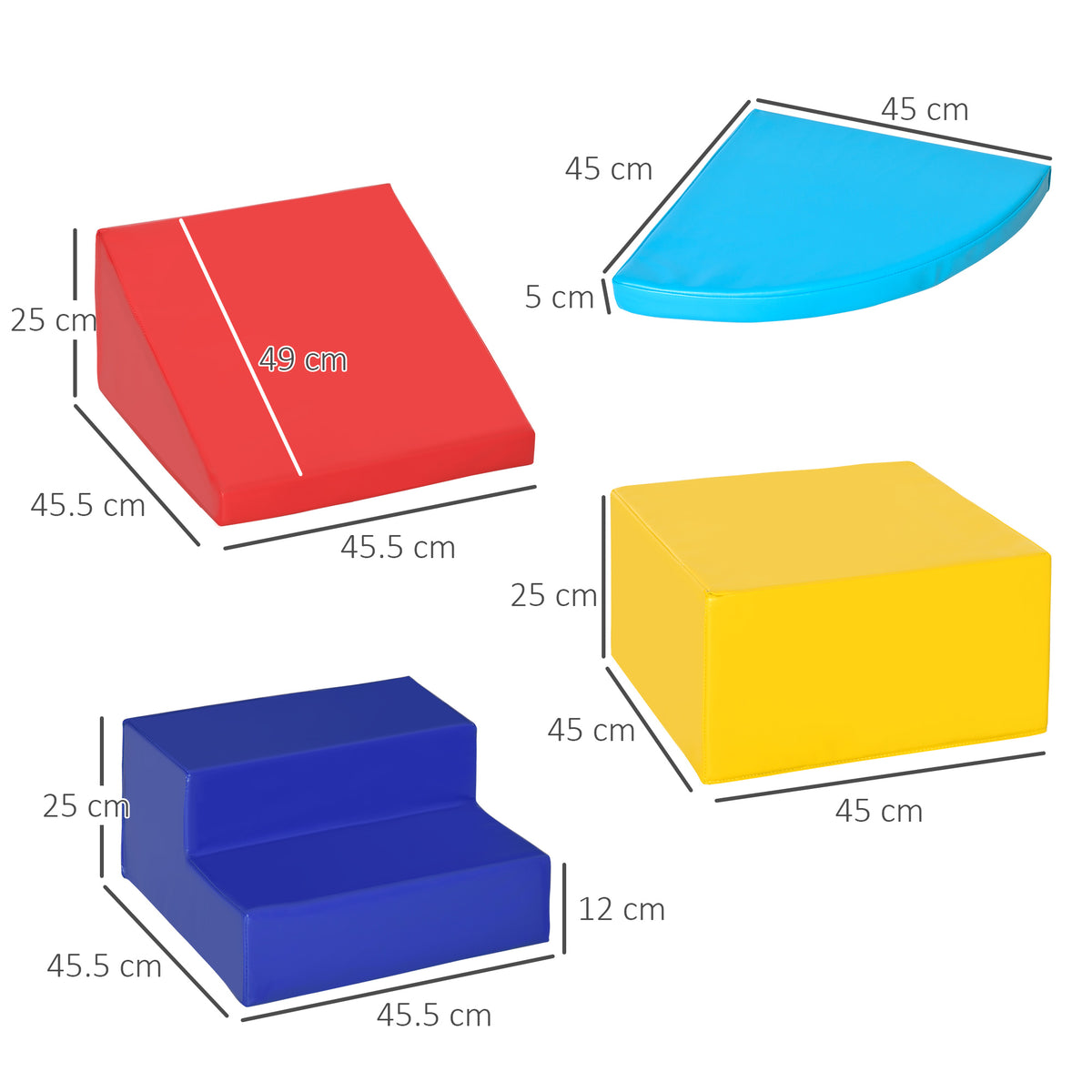 HOMCOM four-piece toddler foam play set with red ramp, blue steps, yellow block and curved blue piece