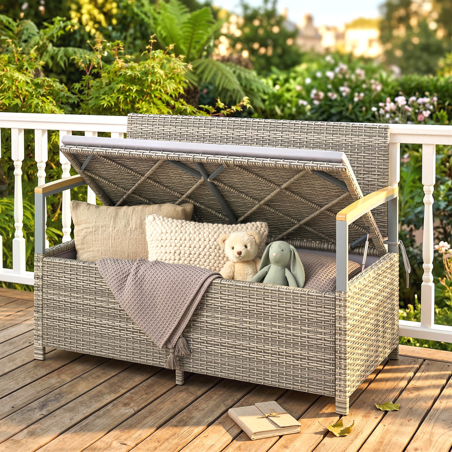 Outsunny 170 L Garden Storage Bench with Zipped Liner, 2 Seater Rattan Garden Bench with Storage, Gas Strut, Cushion, Light Grey