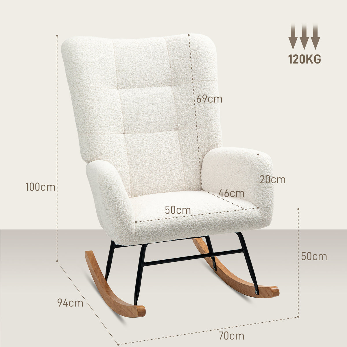 Teddy fleece rocking chair with dimensions and 120 kg weight capacity shown