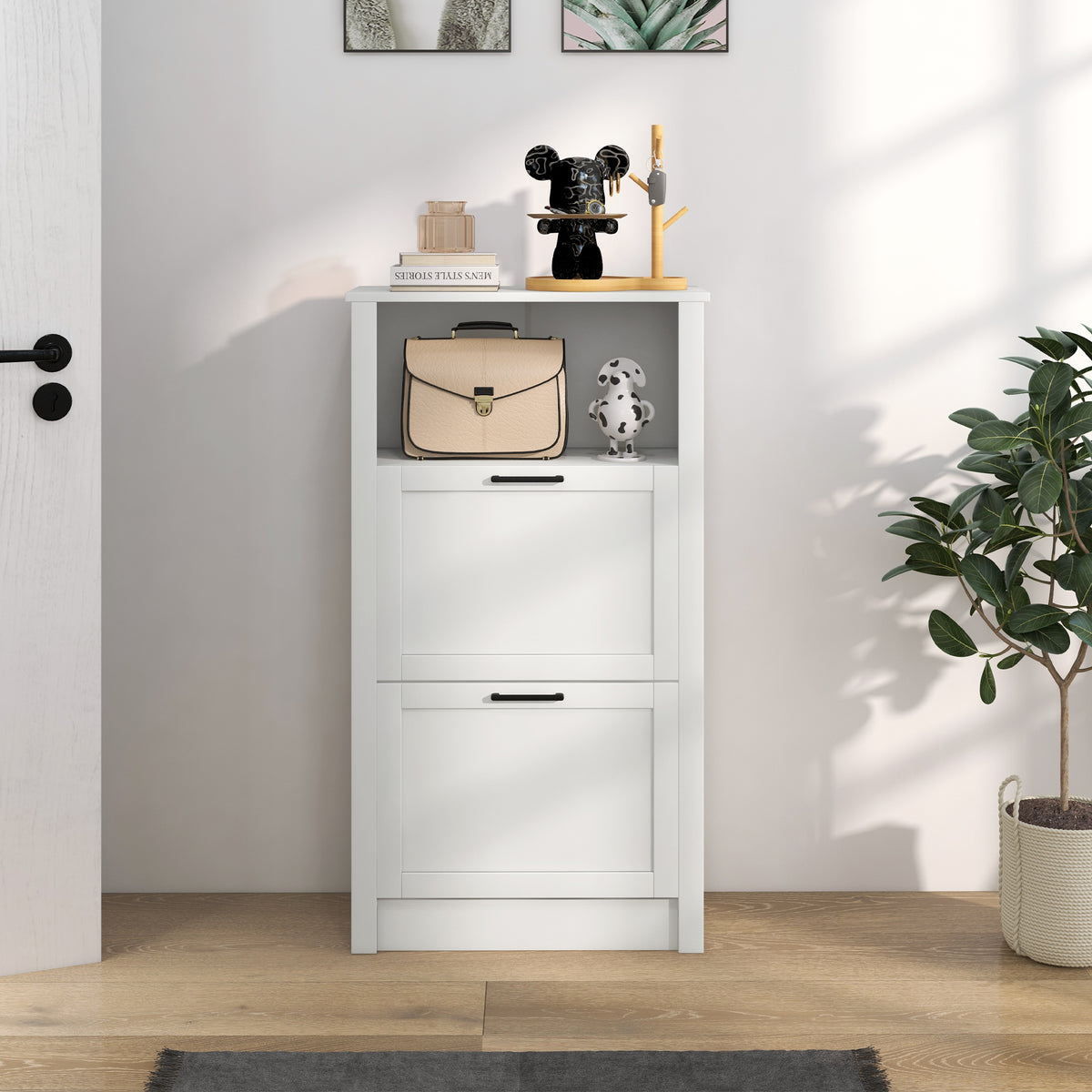 HOMCOM Modern Shoe Cabinet with 2 Flip Drawers and Adjustable Shelves, Narrow Shoe Storage Cabinet with Open Compartment, Holds 10 Pairs for Entryway, Hallway, White